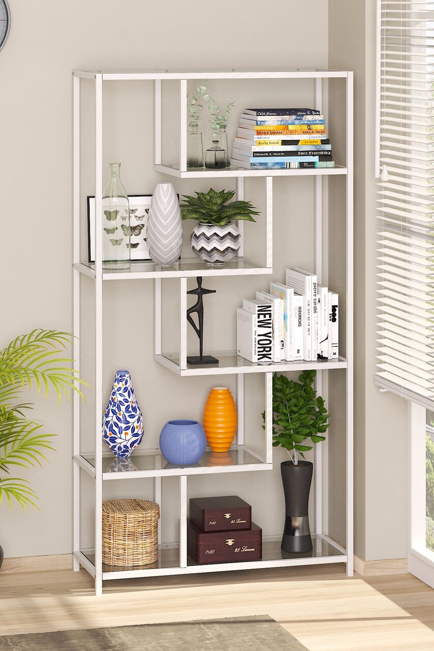 Corp biblioteca, Hanah Home, By-30, 90x172x30 cm, Alb / Transparent - imagine 6